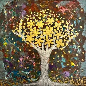 The Wishing Tree - a handmade acrylic textured painting on a 14x14-inch canvas.